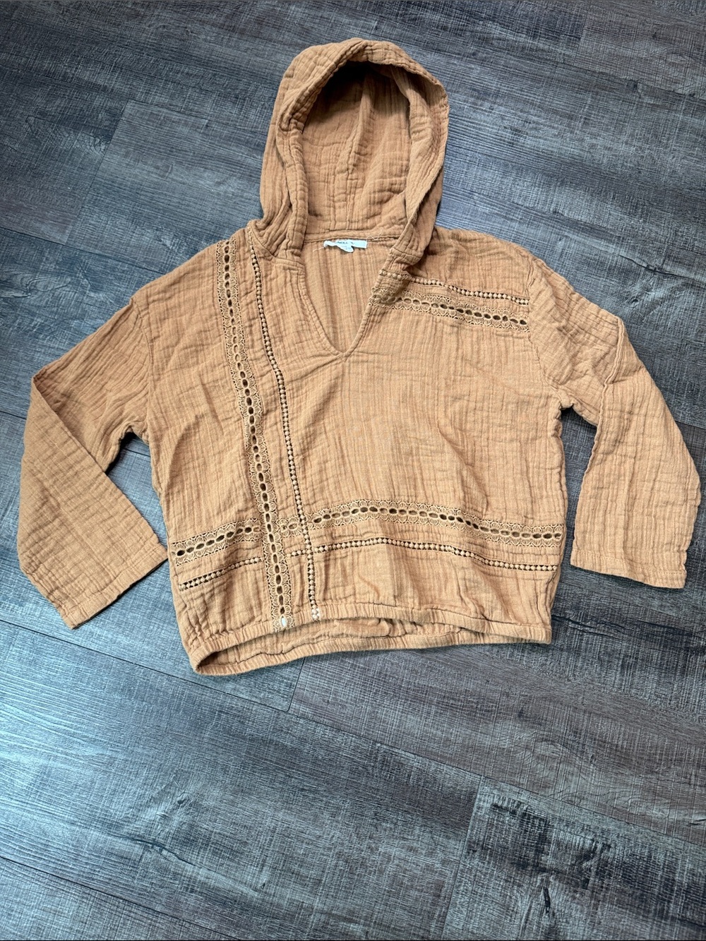 O'Neill Tan Hooded Gauze Pullover with Crochet Trim